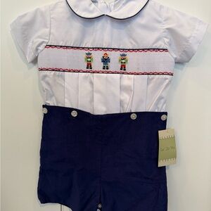 White and Navy Toddler Boy Smocked Christmas Romper Nutcrackers NWT